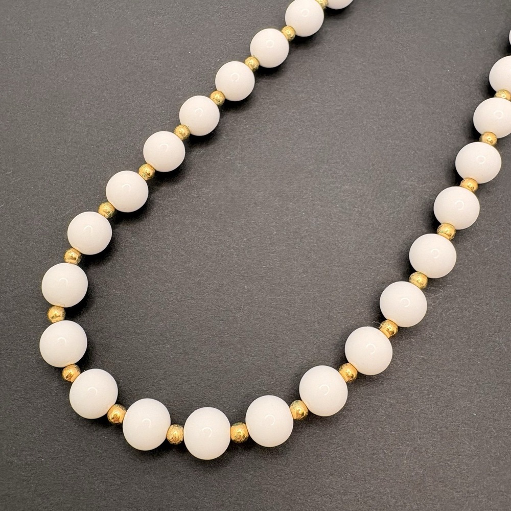 Vintage Monet White Acrylic Round Beaded Choker Necklace Gold Tone 16"